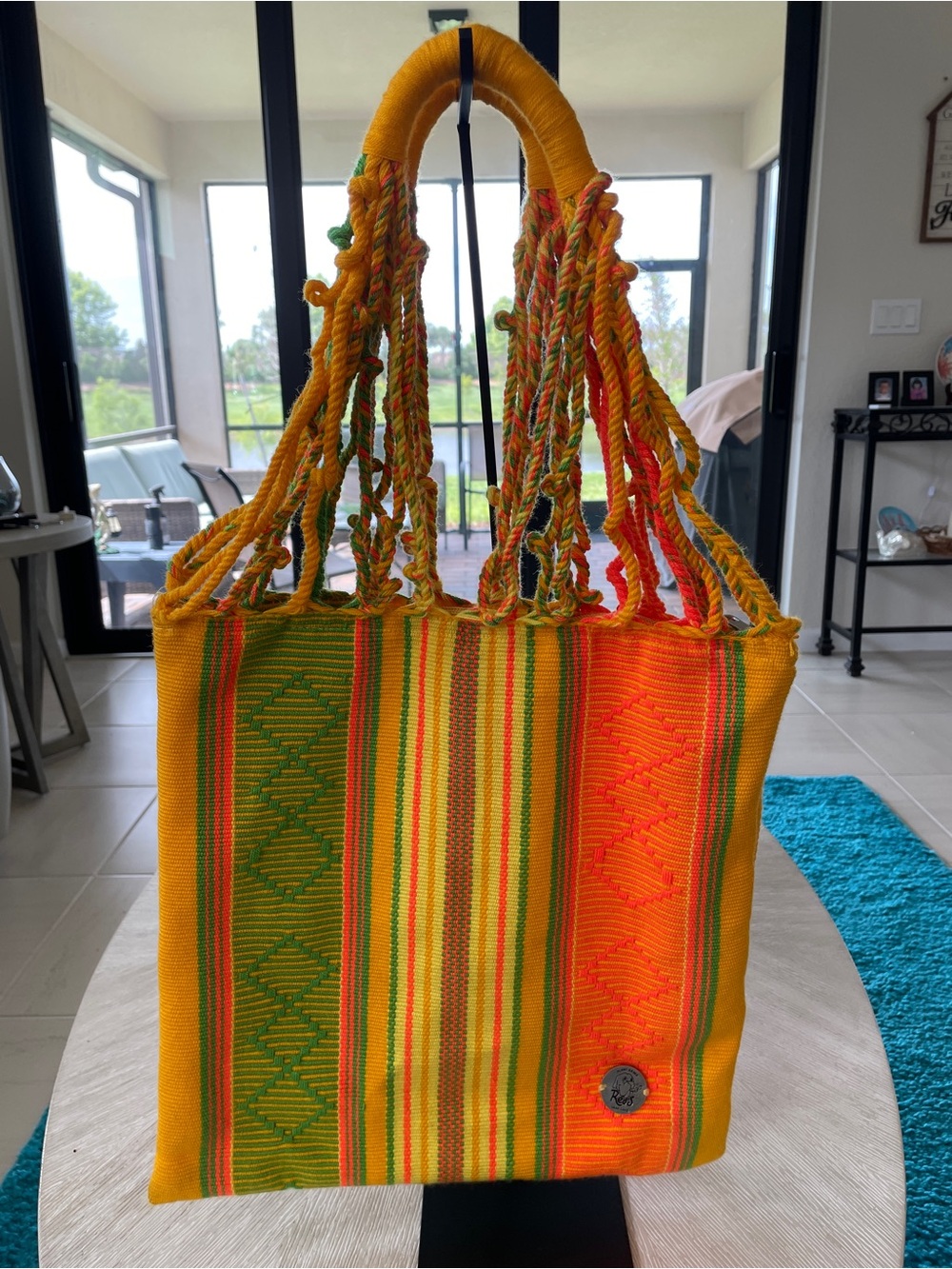 Plant based Vegan Beach Bag Bright Handwoven Yellow, Orange & Green Stripe Tote